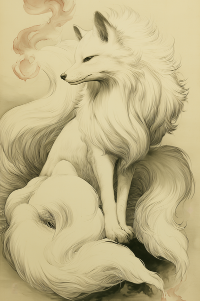 Sumi-e style ink print of a white nine-tailed fox seated with a pale rose-toned foxfire flame drifting nearby, black ink on cream, Yugen Print