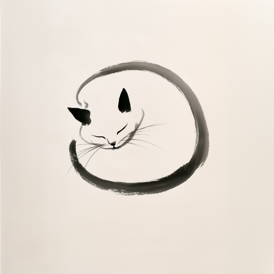 Enso Neko wall art print in black ink on warm cream, Yugen Print.
