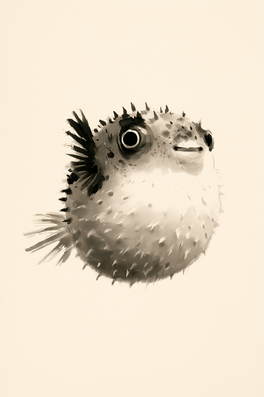 Fugu Puff, a sumi-e style print of a round spiny pufferfish in black ink on warm cream, Yugen Print