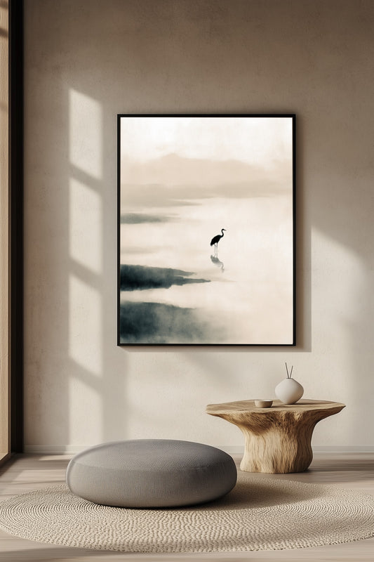 Solitary Crane | Minimalist Sumi-e Japanese Wall Art Print