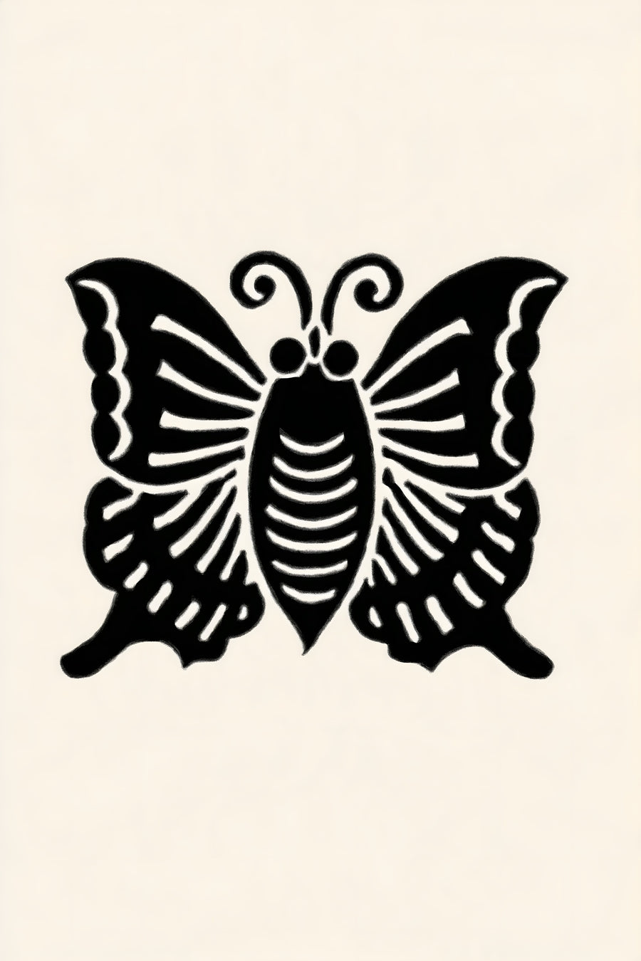 Agehachō butterfly kamon wall art print in black on cream paper, a swallowtail butterfly with fine white linework in a classic Japanese family crest