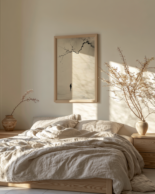 Beneath the Falling Petals print in a bedroom with linen bedding and ceramic vases with flowering branches, Yugen Print