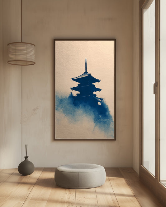 Floating Pagoda | Indigo Sumi-e Silhouette Print