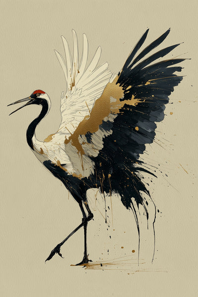 Golden Crane Rising: a red-crowned crane steps forward with wings spread, black feathers splashing ink and gold seams through its white wing, sumi-e kintsugi wall art print by Yugen Print
