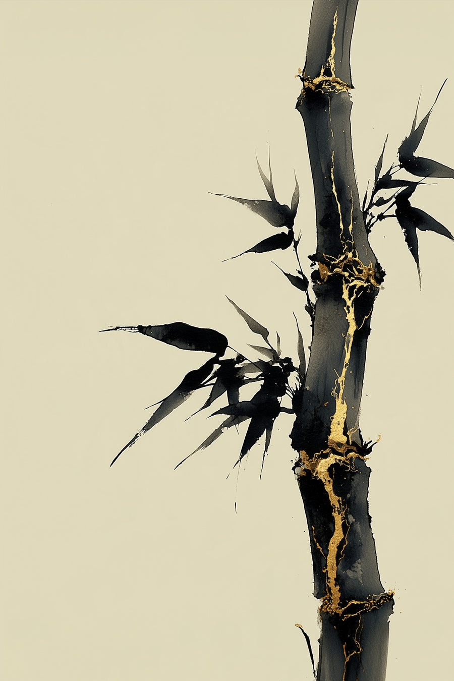 Golden Seam Bamboo: a dark ink bamboo stalk with gold kintsugi seams along its joints on a parchment ground, sumi-e kintsugi wall art print by Yugen Print