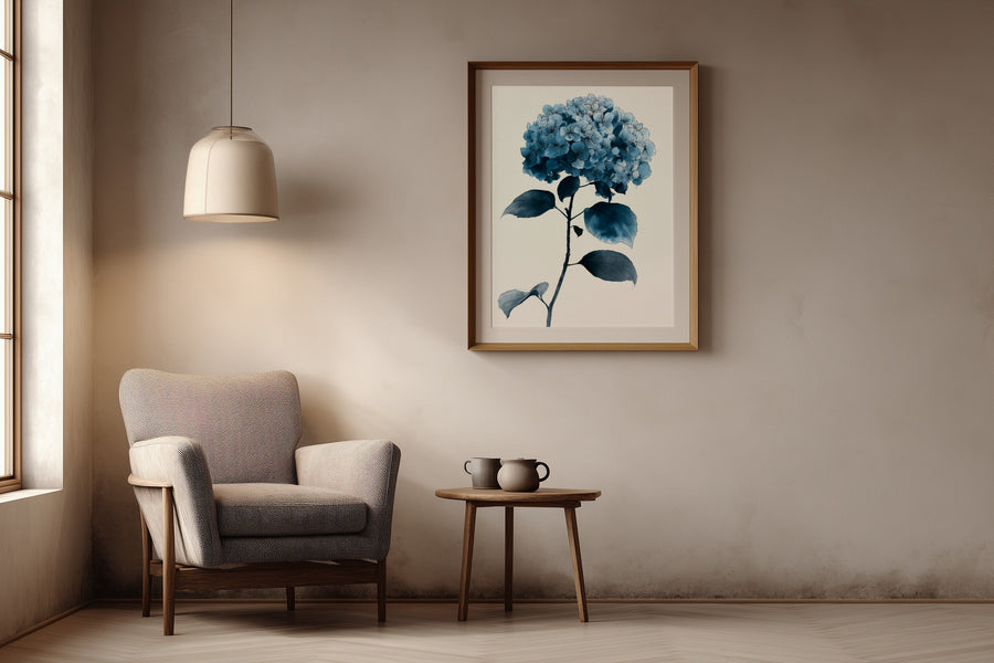 The Blue Hour print in a reading nook with an upholstered armchair, pendant lamp, and side table, Yugen Print