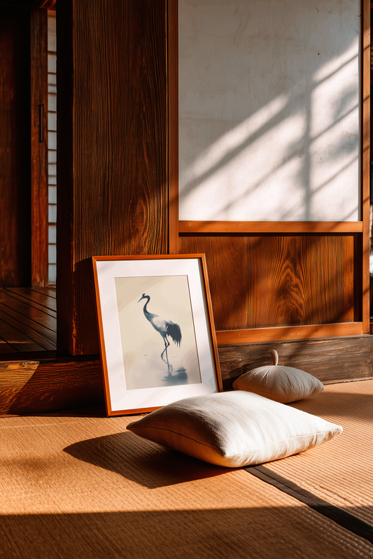 Japanese crane print framed in light wood leaning against a wood-panelled wall in a sunlit zen room with linen floor cushions.