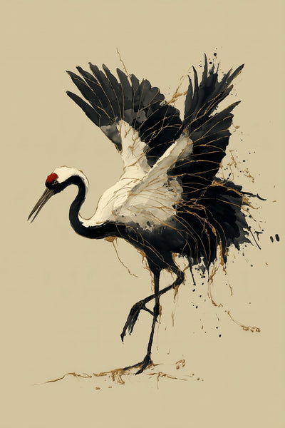 Kintsugi Dancing Crane: a red-crowned crane lifts a foot and arches its wings, ink splashing and gold pooling at its feet, sumi-e kintsugi wall art print by Yugen Print