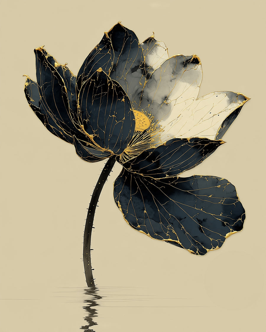 Kintsugi Lotus, 4:5 version: a dark ink lotus flower with gold-edged petals on a curved stem above rippling water, sumi-e kintsugi wall art print by Yugen Print