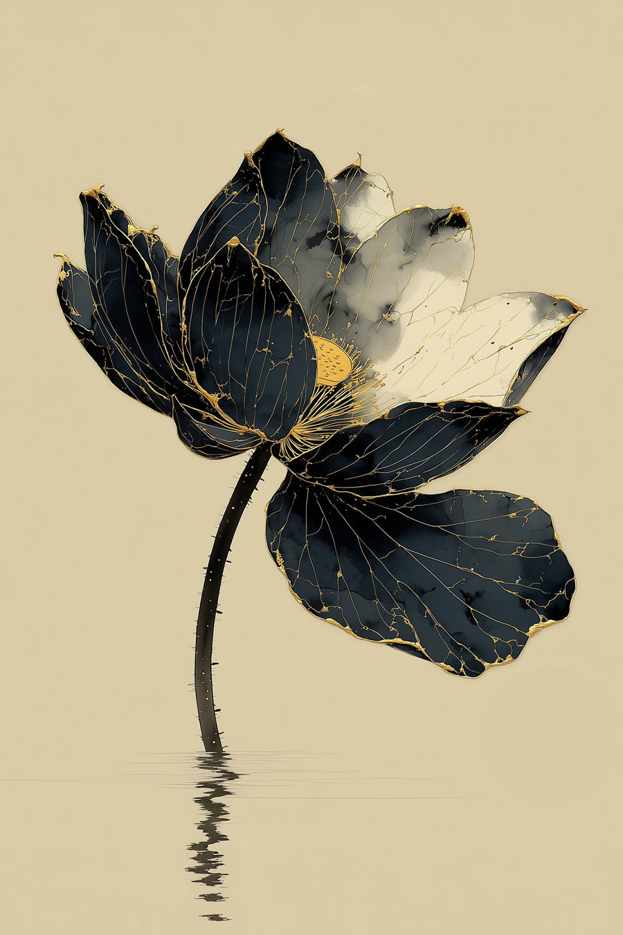 Kintsugi Lotus: a dark ink lotus flower with gold-edged petals on a curved stem above rippling water, sumi-e kintsugi wall art print by Yugen Print