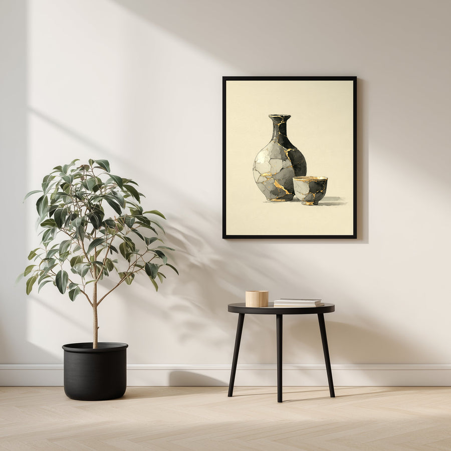 Kintsugi Sake Set print shown framed in a living room, a grey sake flask and small cup mended with gold kintsugi seams on a cream ground