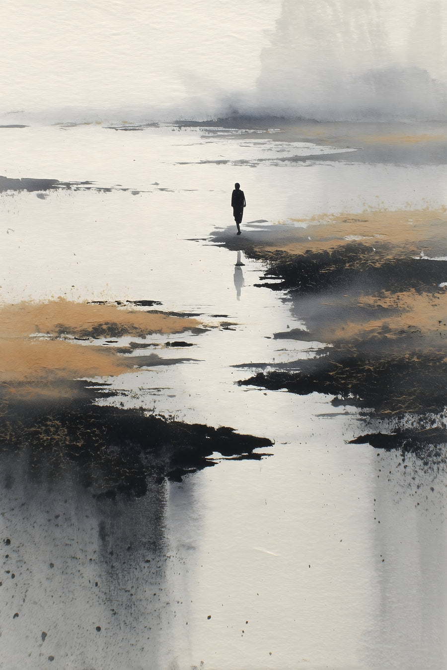 Low Tide sumi-e ink print by Yugen Print: a lone figure crosses wet sand at low tide between pale pools, with ochre and black ink marking the shore