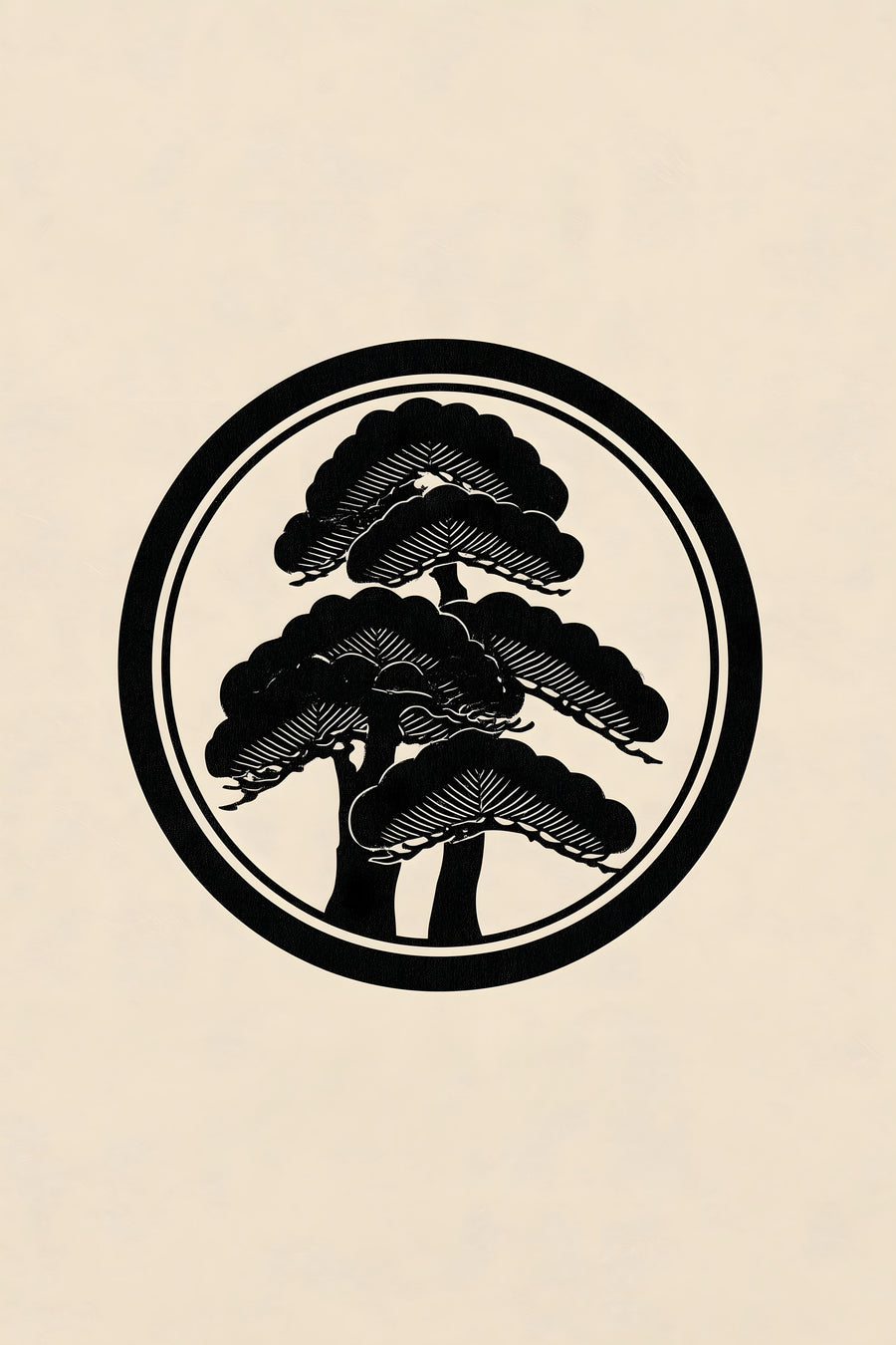 Matsu pine kamon wall art print in black on cream paper, a tiered pine tree inside a double ring in a classic Japanese family crest