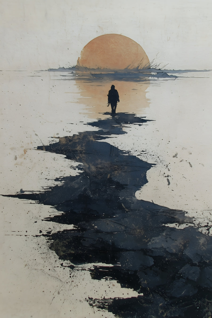 Path to the Setting Sun sumi-e ink print by Yugen Print: a lone figure walks a path of black ink stones across pale water toward a peach sun setting on the horizon