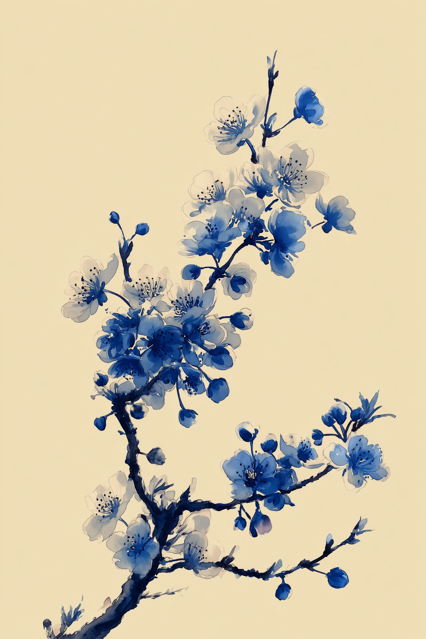 Sakura in Indigo Japanese cherry blossom watercolor print on warm cream paper, Yugen Print