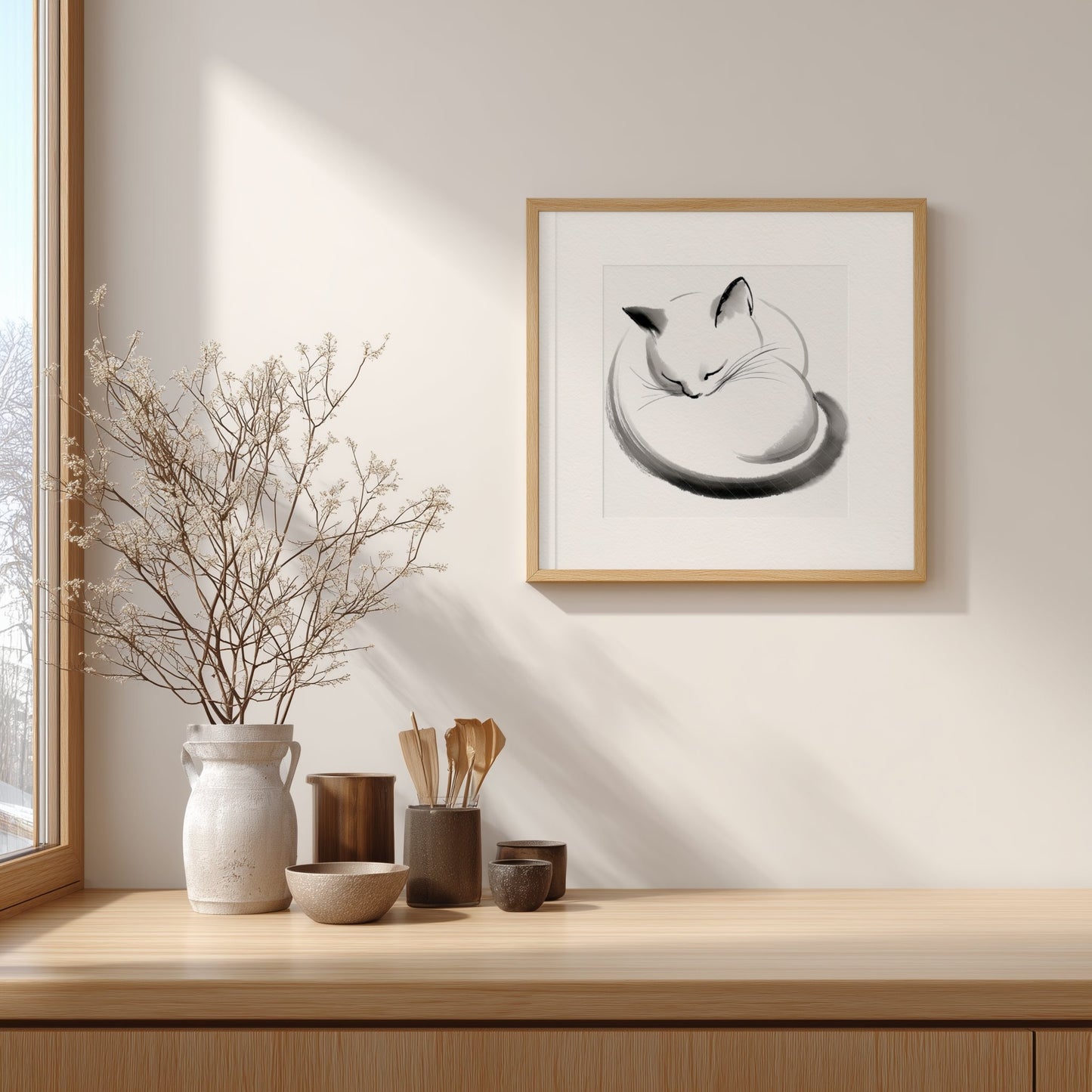 Maru, Sleeping Cat in Sumi-e Ink | Japanese Wall Art