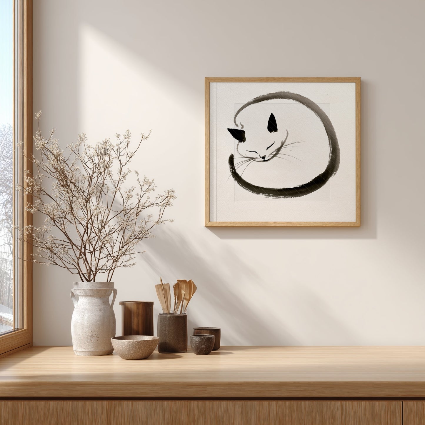 Enso Neko, sleeping cat in ink circle | Zen wall art