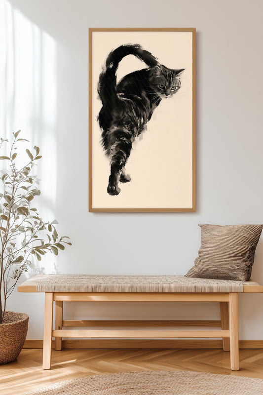 Backward Glance print in an entryway with a narrow console table and woven basket, Yugen Print