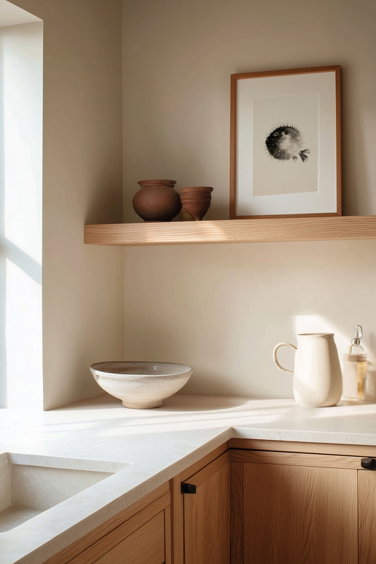 A styled interior corner with a light wood floating shelf holding two brown ceramic pots and a framed black-and-white print, above a white countertop with a cream bowl, white pitcher, and small bottle. Warm beige walls and wood cabinetry surround the space.