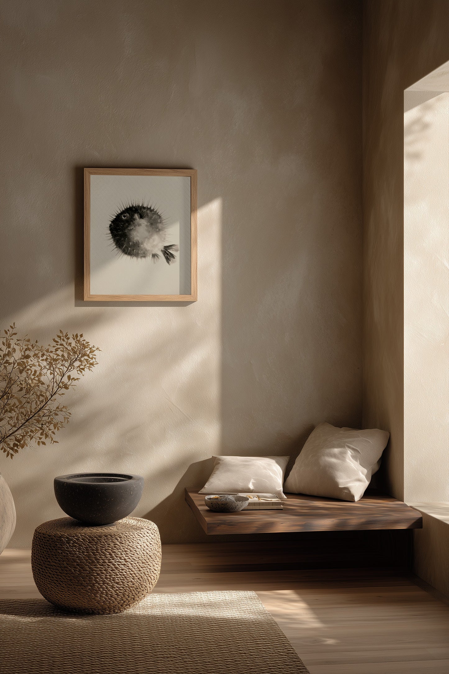 A framed black and white fugu art print hangs on a textured beige plaster wall in a sunlit, minimalist room with a wooden bench, pillows, and a woven stool.