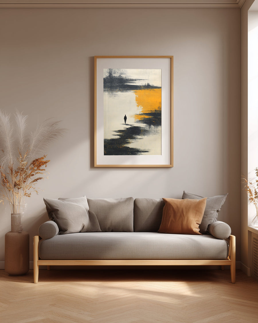 The Amber Shore sumi-e print framed above a grey linen sofa in a neutral living room