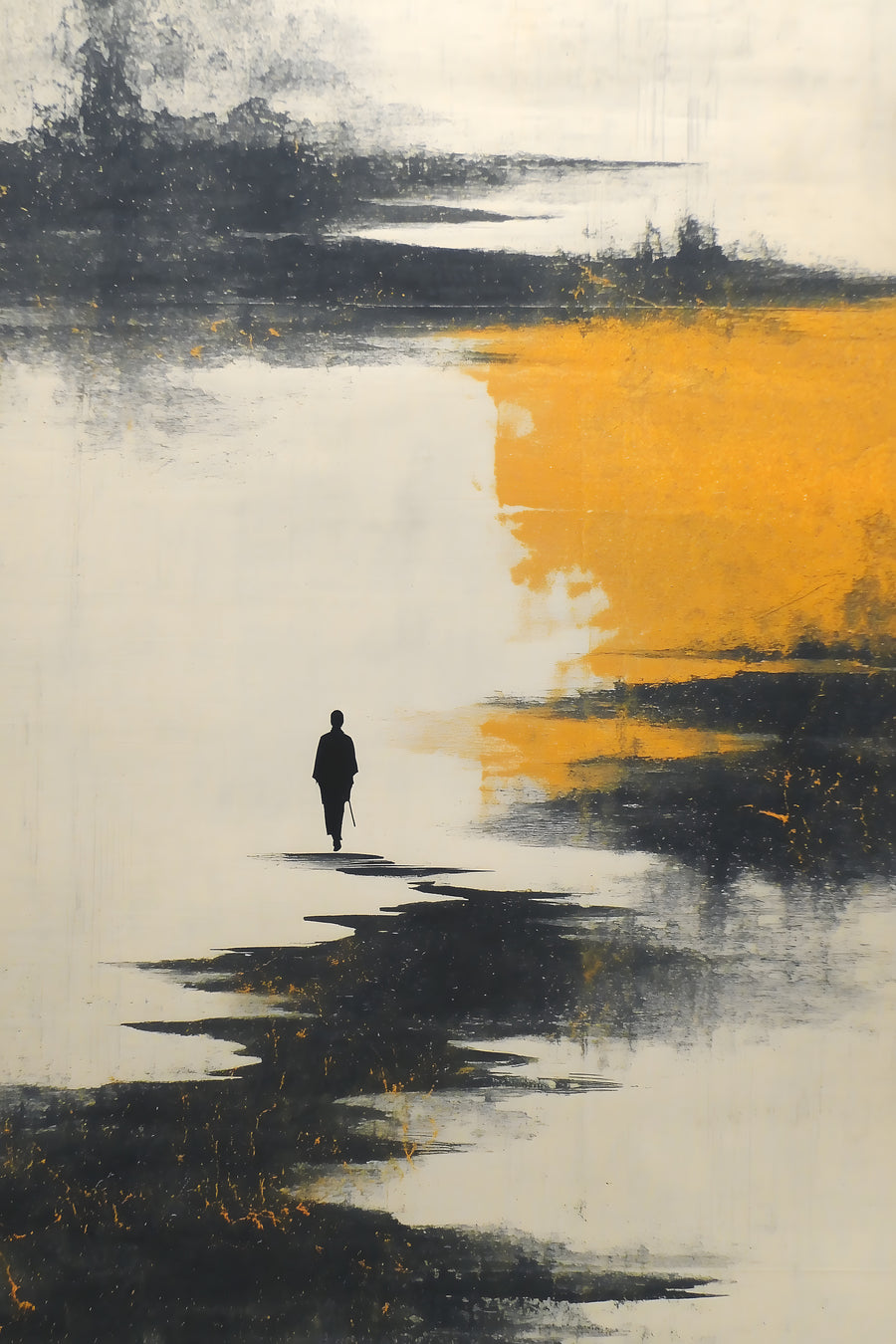The Amber Shore sumi-e ink print by Yugen Print: a lone figure walks along a cream shore beside a block of amber light, with dark grass and trees across the top