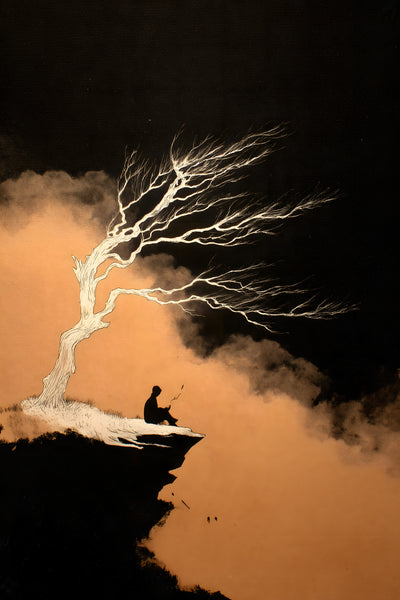 The Cliff Tree sumi-e ink print by Yugen Print: a white tree leans from a black cliff over a sea of orange mist, with a small figure seated beneath it