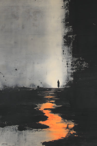 The Ember Stair sumi-e ink print by Yugen Print: a small figure stands at the top of a stair beside a wall of black ink, with a stream of orange light running down below
