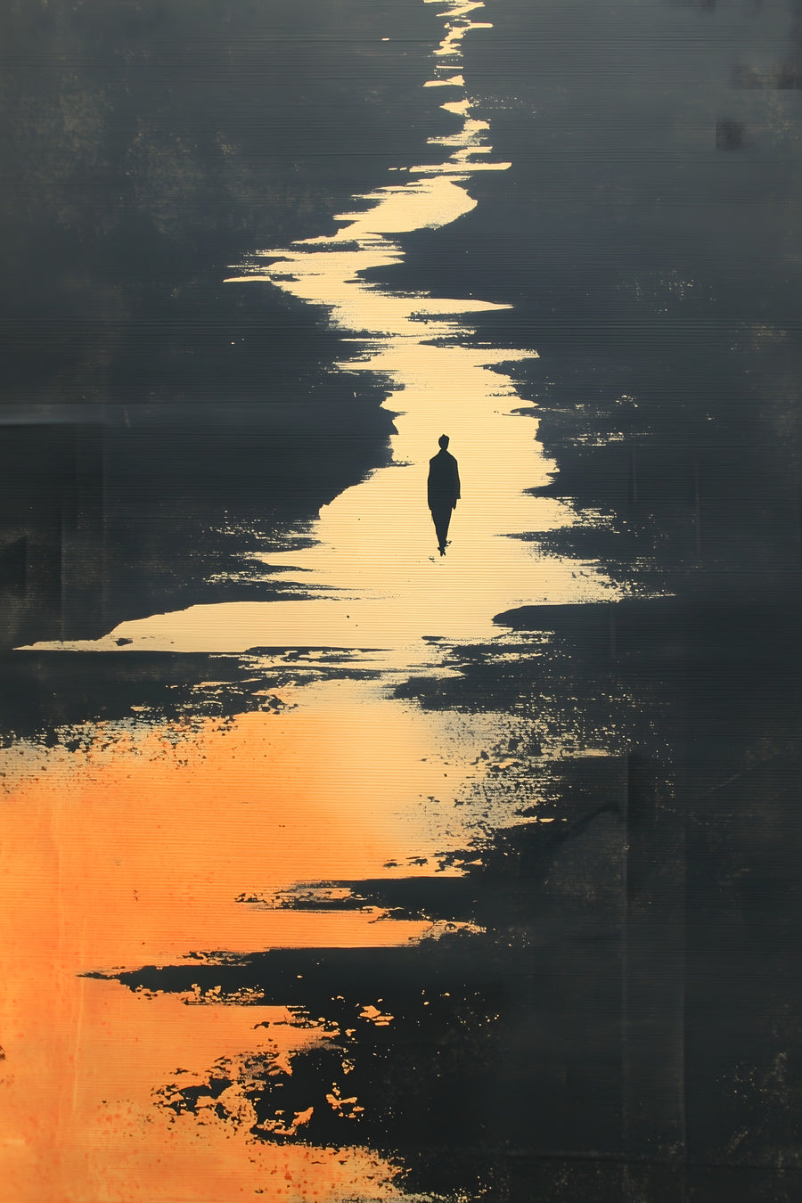 The Golden River sumi-e ink print by Yugen Print: a single figure walks along a winding river of gold and orange light that cuts through charcoal ink