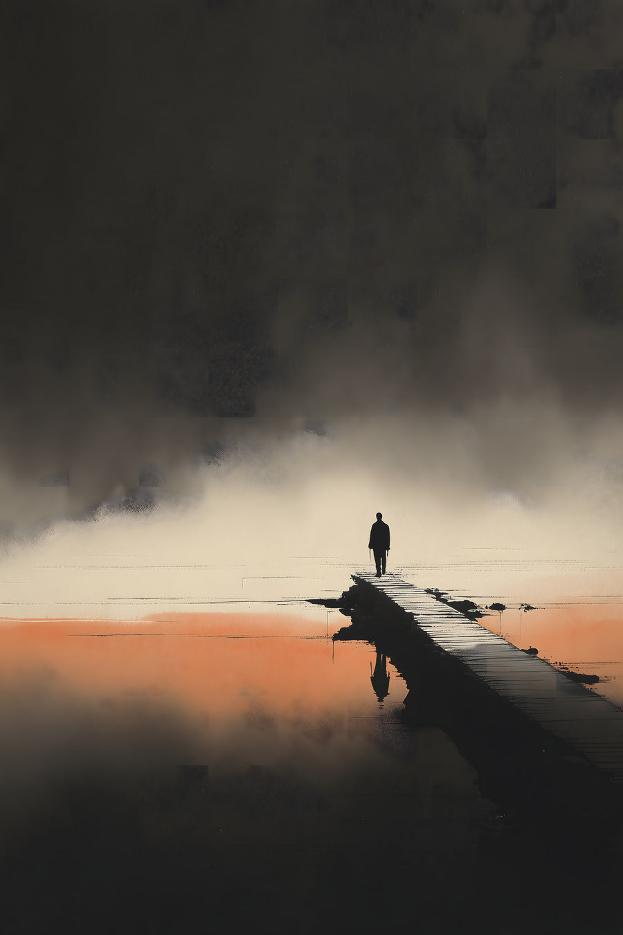 The Last Pier sumi-e ink print by Yugen Print: a lone figure stands at the end of a wooden pier beneath storm cloud, with a band of orange light across the water