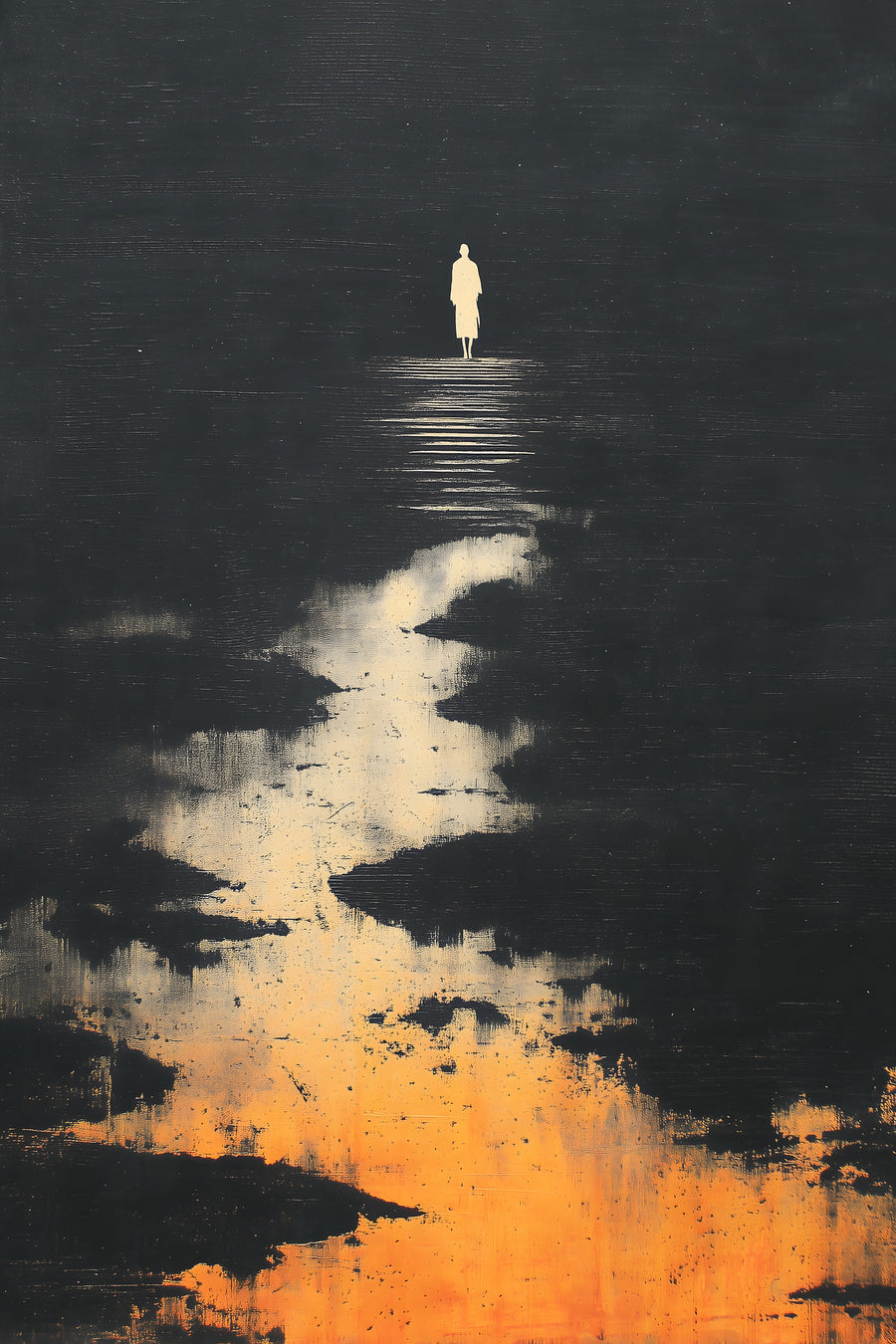The Pale Wanderer sumi-e ink print by Yugen Print: a figure in pale robes stands at the head of a river of orange light that flows through black ink toward the viewer