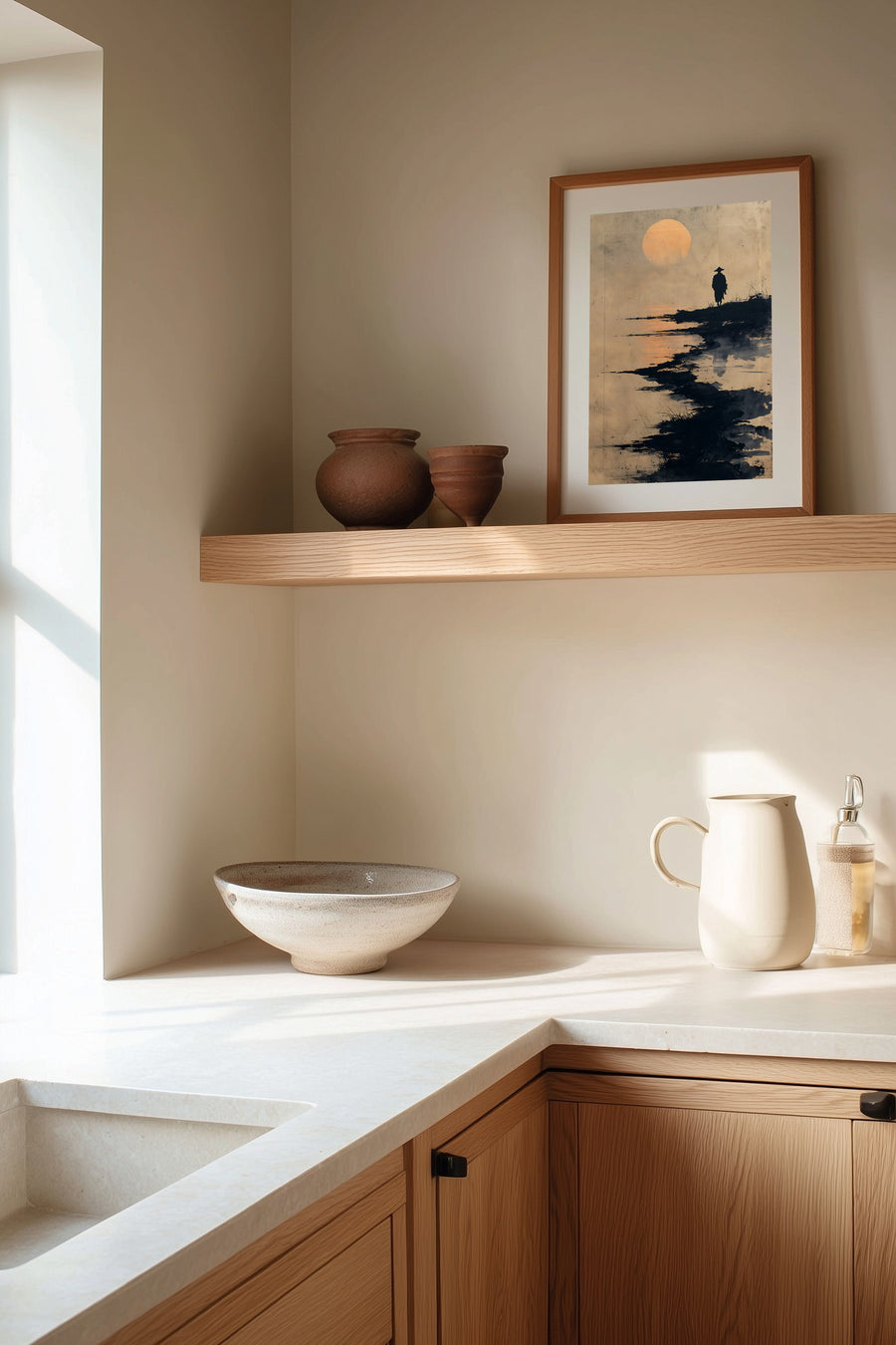 The Ronin's Moon sumi-e print framed on the wall above a wood shelf in a warm ivory kitchen corner