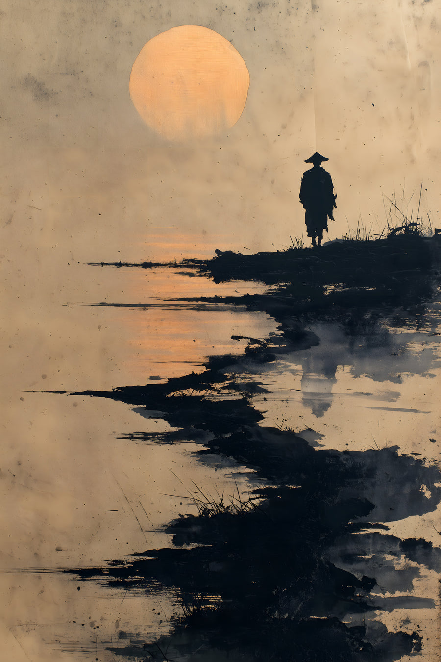 The Ronin's Moon sumi-e ink print by Yugen Print: a lone ronin in a straw hat stands on a grassy bank beneath an amber moon, with black ink spreading across the river below