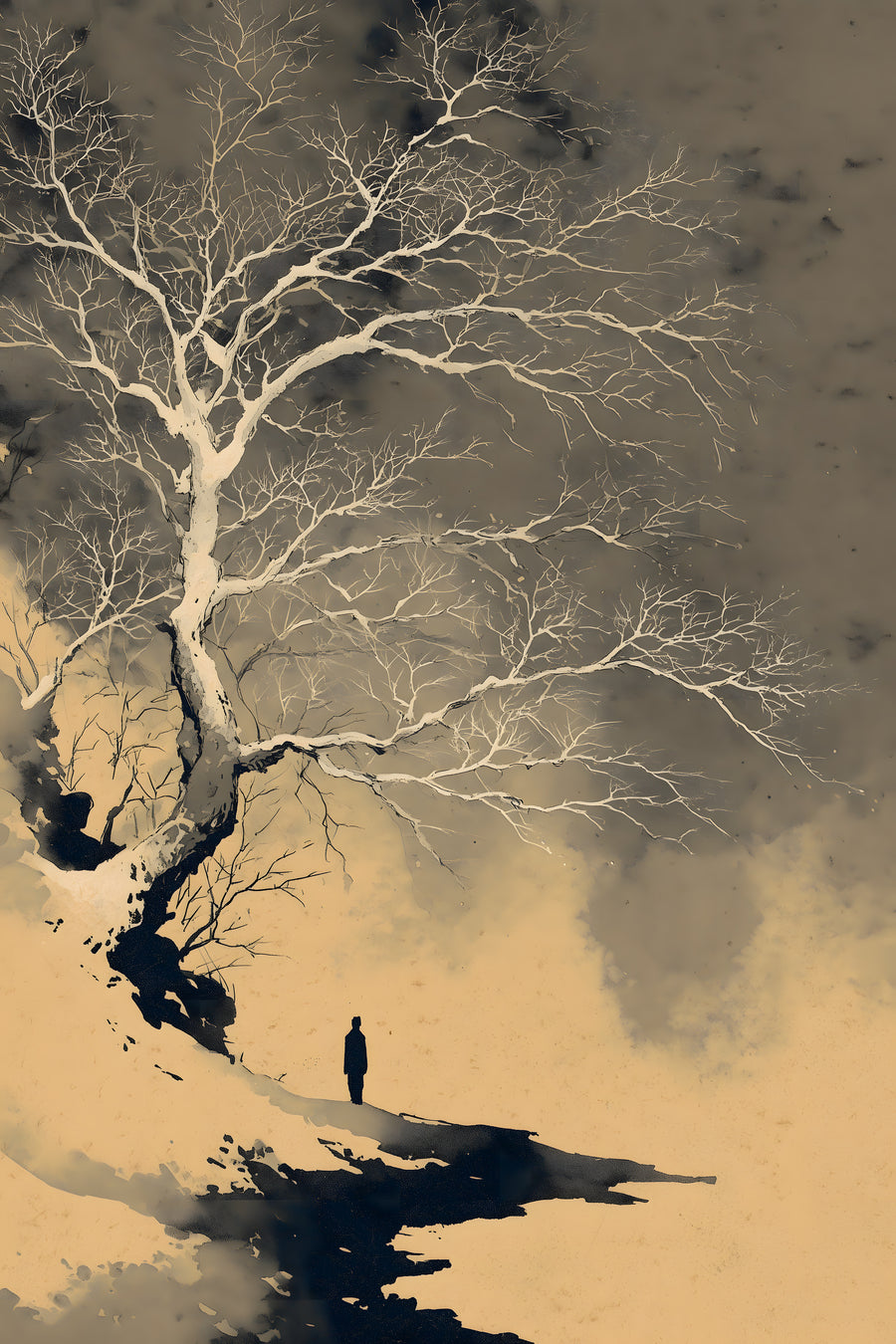 The White Tree sumi-e ink print by Yugen Print: a white tree spreads its branches across a sepia sky while a small figure walks a black ink path towards the water