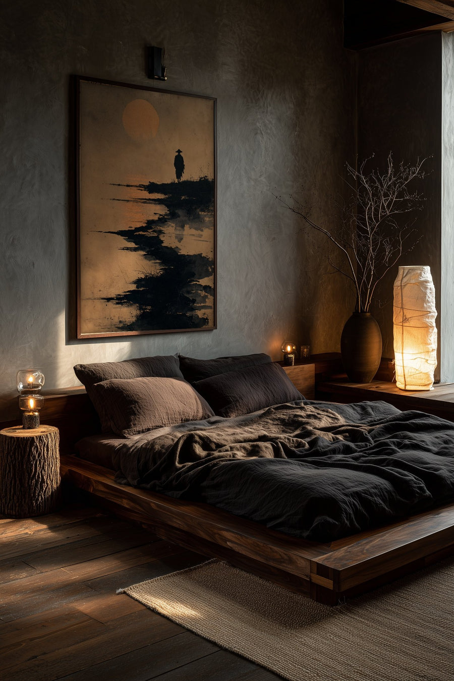 Dark Japandi bedroom with charcoal walls, a low walnut bed and rumpled linen, with The Ronin's Moon sumi-e ink print framed above the bed, Yugen Print