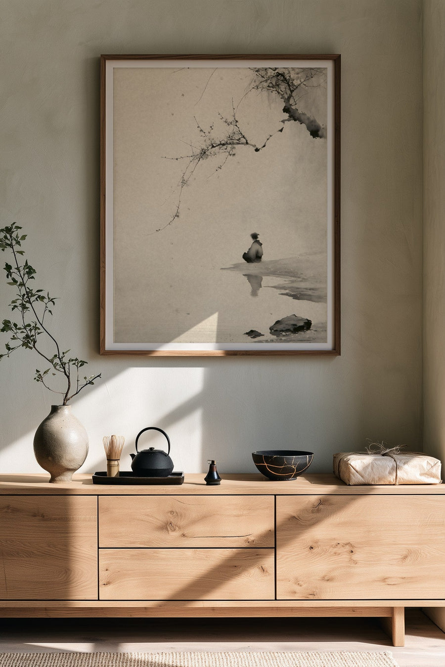 Calm Japandi room with an oak sideboard holding a cast-iron teapot, matcha whisk, kintsugi bowl and a wrapped gift, below a framed sumi-e-inspired ink print of a figure seated by the water beneath a flowering branch by Yugen Print