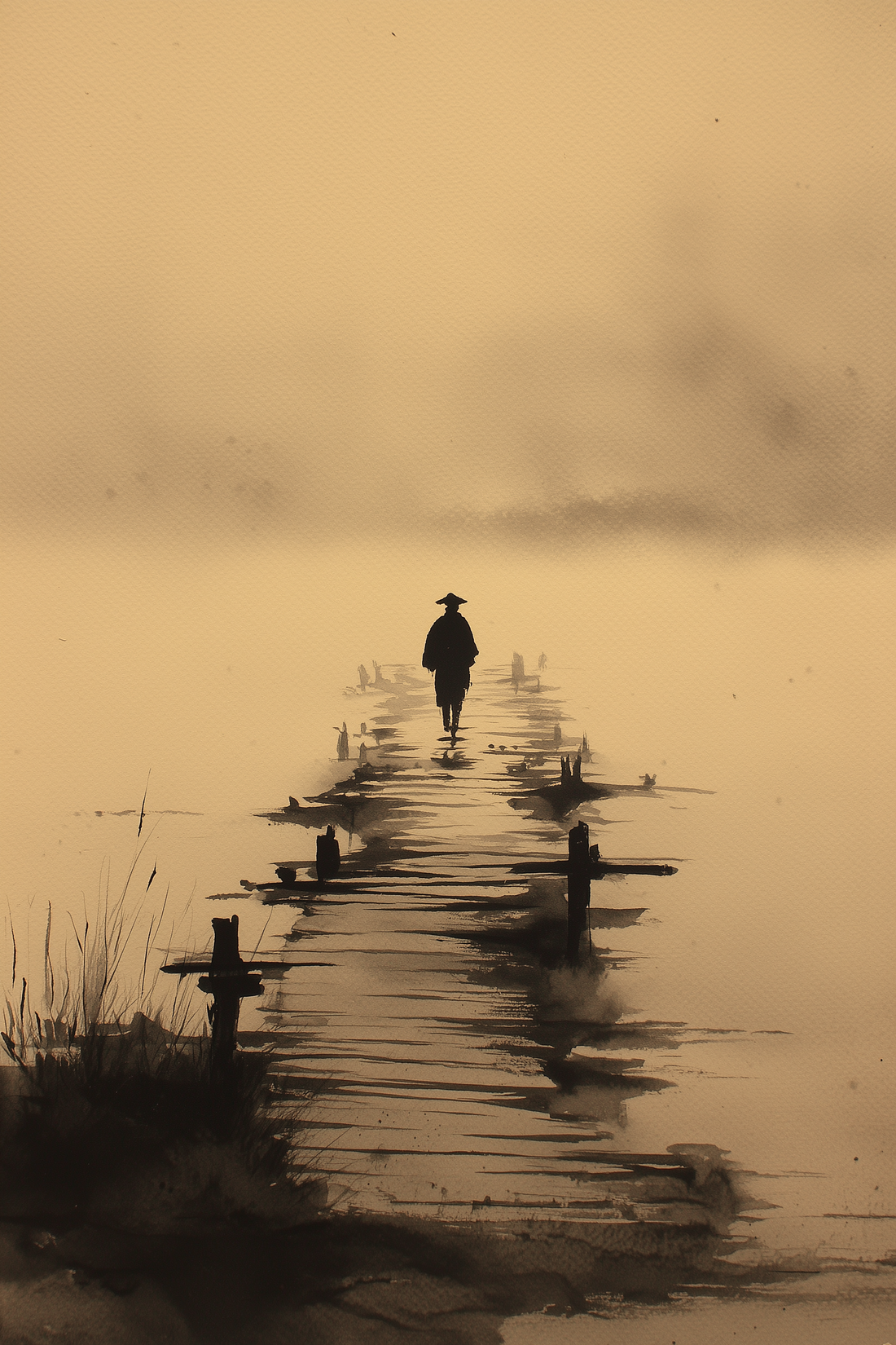 Sumi-e style ink print of a lone figure crossing a misty plank bridge over still water, black ink on cream, Yugen Print