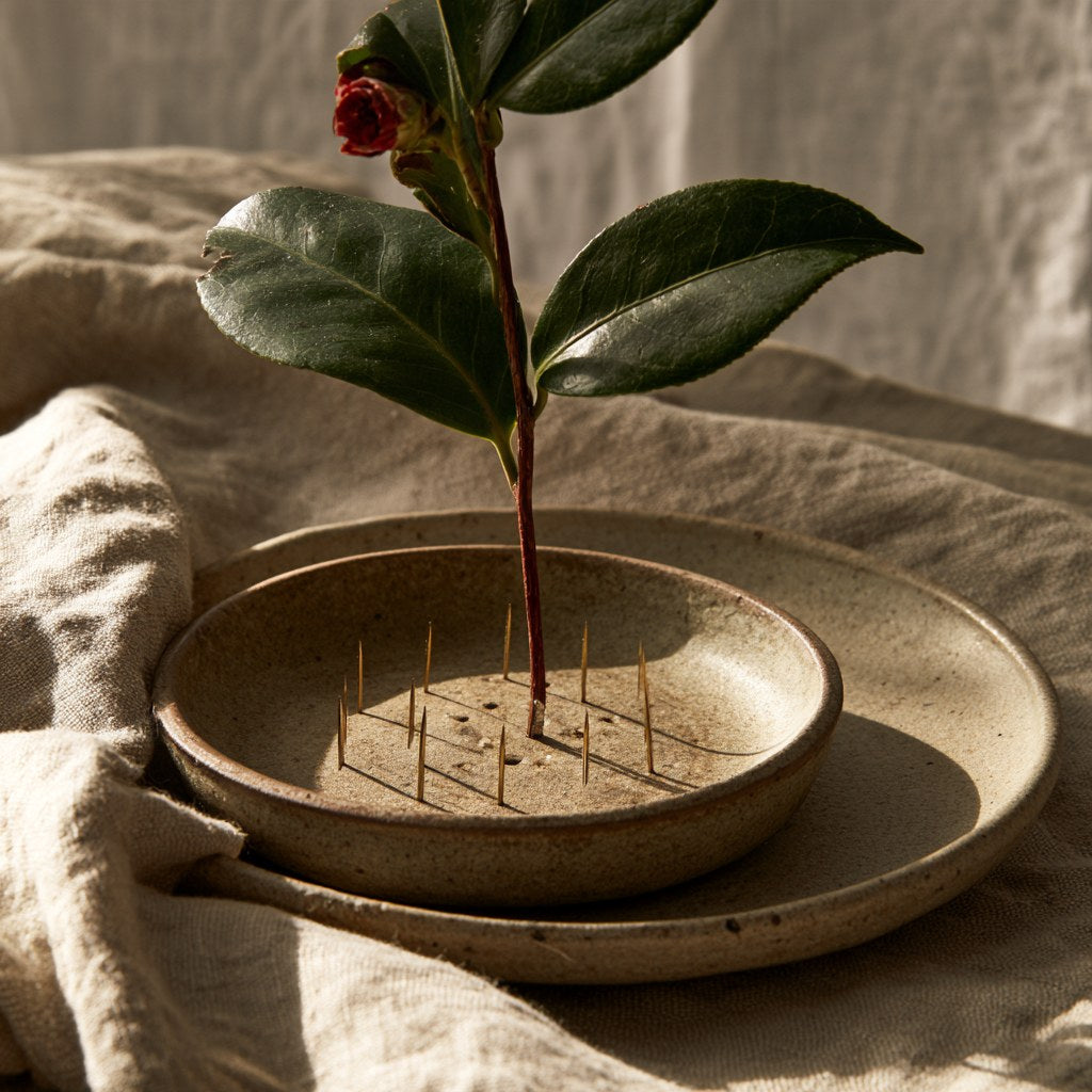 Ikebana arrangement with camellia stems on a kenzan in a shallow bowl, Japanese gift styling by Yugen Print