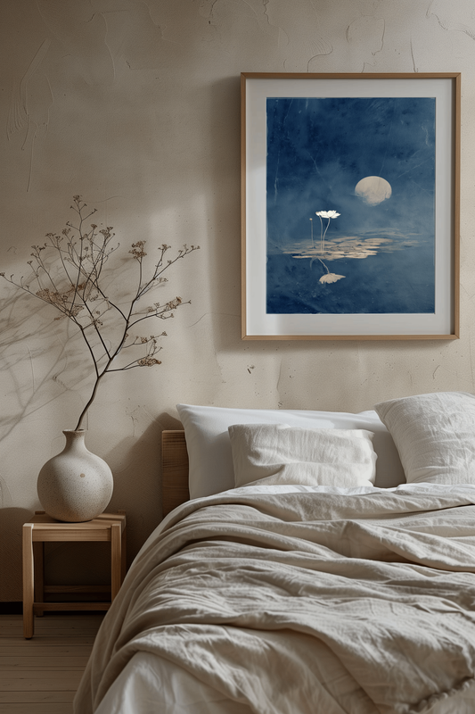 Japanese sumi-e lotus and moon print framed above a bed in a calm, linen-dressed bedroom, Yugen Print