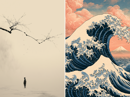 Split image contrasting two Japanese art styles: a minimal sumi-e style ink figure beneath a bare branch on cream at left, and a bold ukiyo-e style woodblock wave with Mount Fuji at right, Yugen Print
