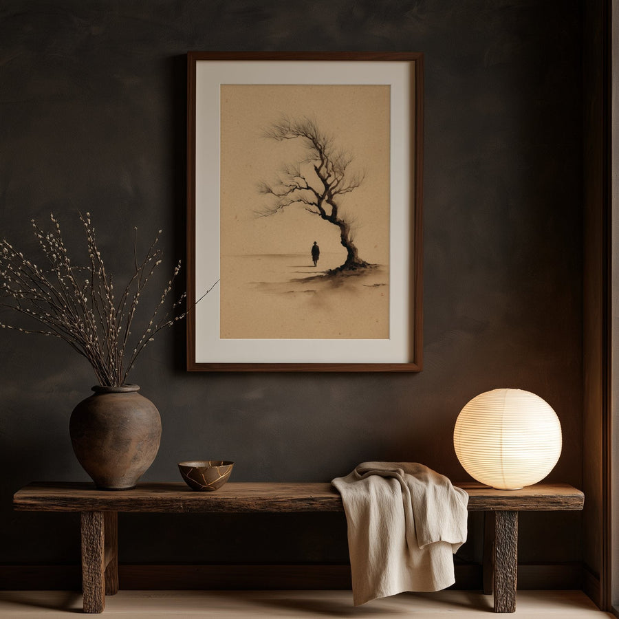 Wabi-sabi corner with The Old Tree sumi-e print in a walnut frame above a weathered oak bench, Yugen Print