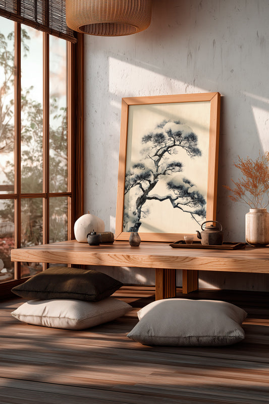 Japanese sumi-e winter pine print framed in a calm japandi living room with wood, linen, and natural light, Yugen Print