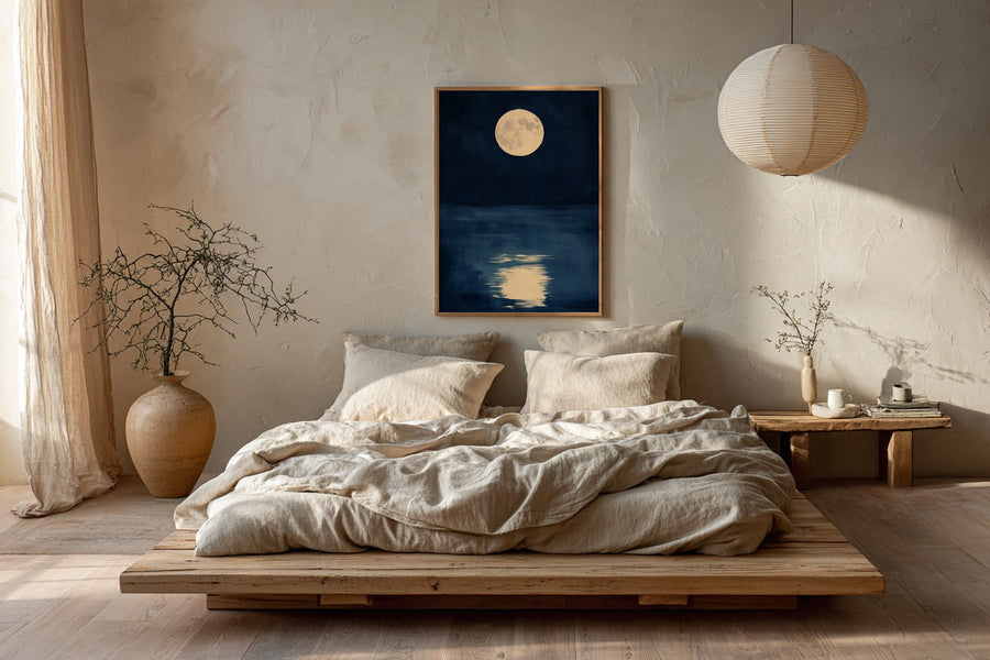 Zen bedroom with a low oak bed and a framed Yugen Print sumi-e art print