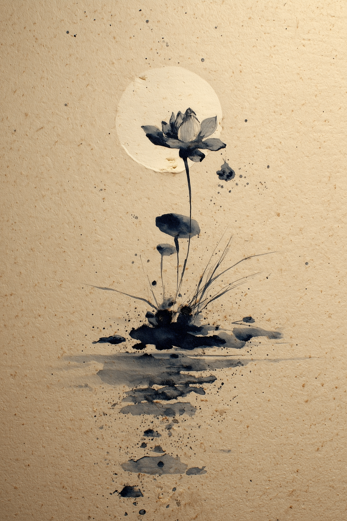 Lotus and Moon sumi-e ink wash wall art print in charcoal and cream on textured paper, Yugen Print