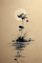 Lotus and Moon sumi-e ink wash wall art print in charcoal and cream on textured paper, Yugen Print