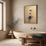Lotus and Moon sumi-e print in a serene spa bathroom with stone bathtub, dried branches in a ceramic vase, and folded towels on a wooden bench, Yugen Print