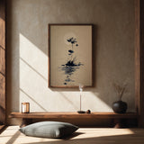 Lotus and Moon sumi-e print in a serene meditation room with floor cushion, wooden bench, and ceramic incense holder, Yugen Print