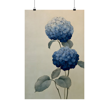Two Hydrangeas, ink-drawn florals in blue gradients | Japanese botanical