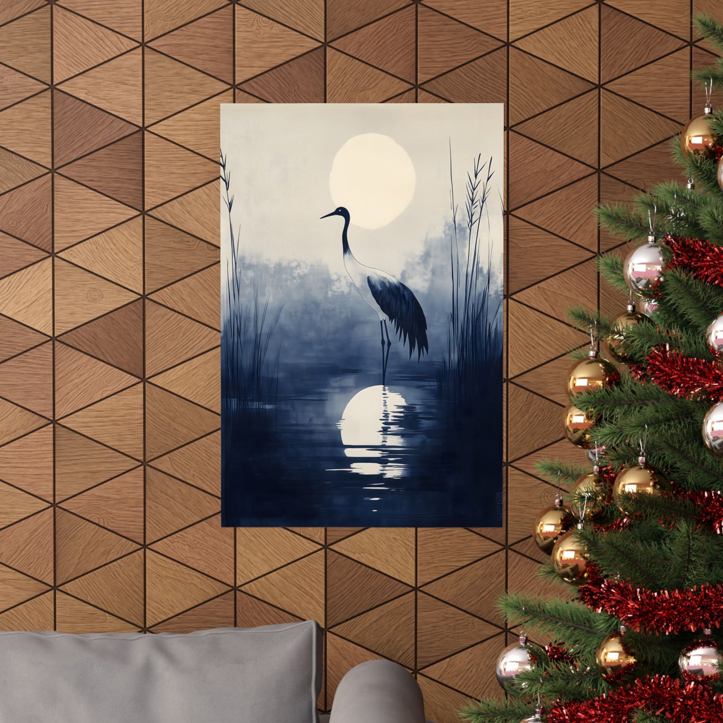The Night Crane — Japanese Indigo Ink Print | Moonlit Crane