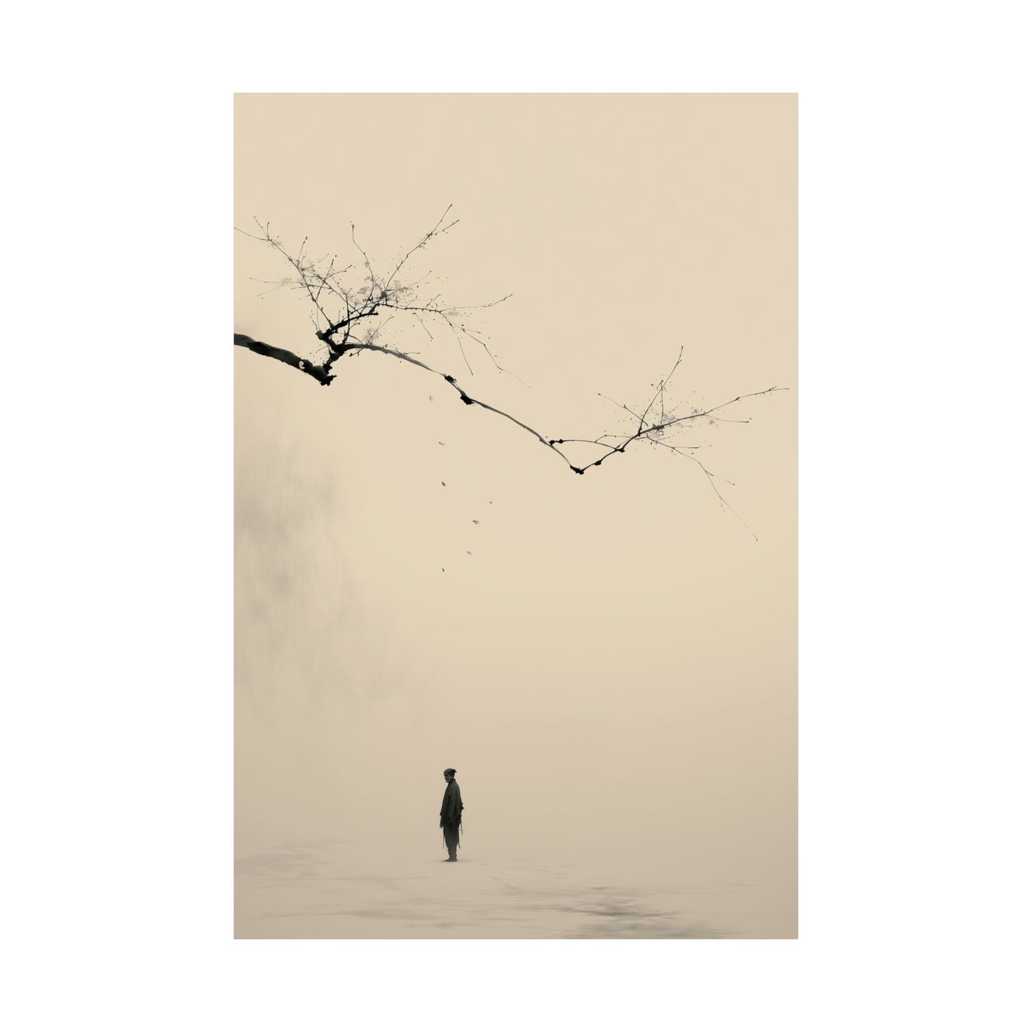 The Branch and the Wayfarer — Solitary Figure Beneath Branch | Zen Minimalist Ink Art